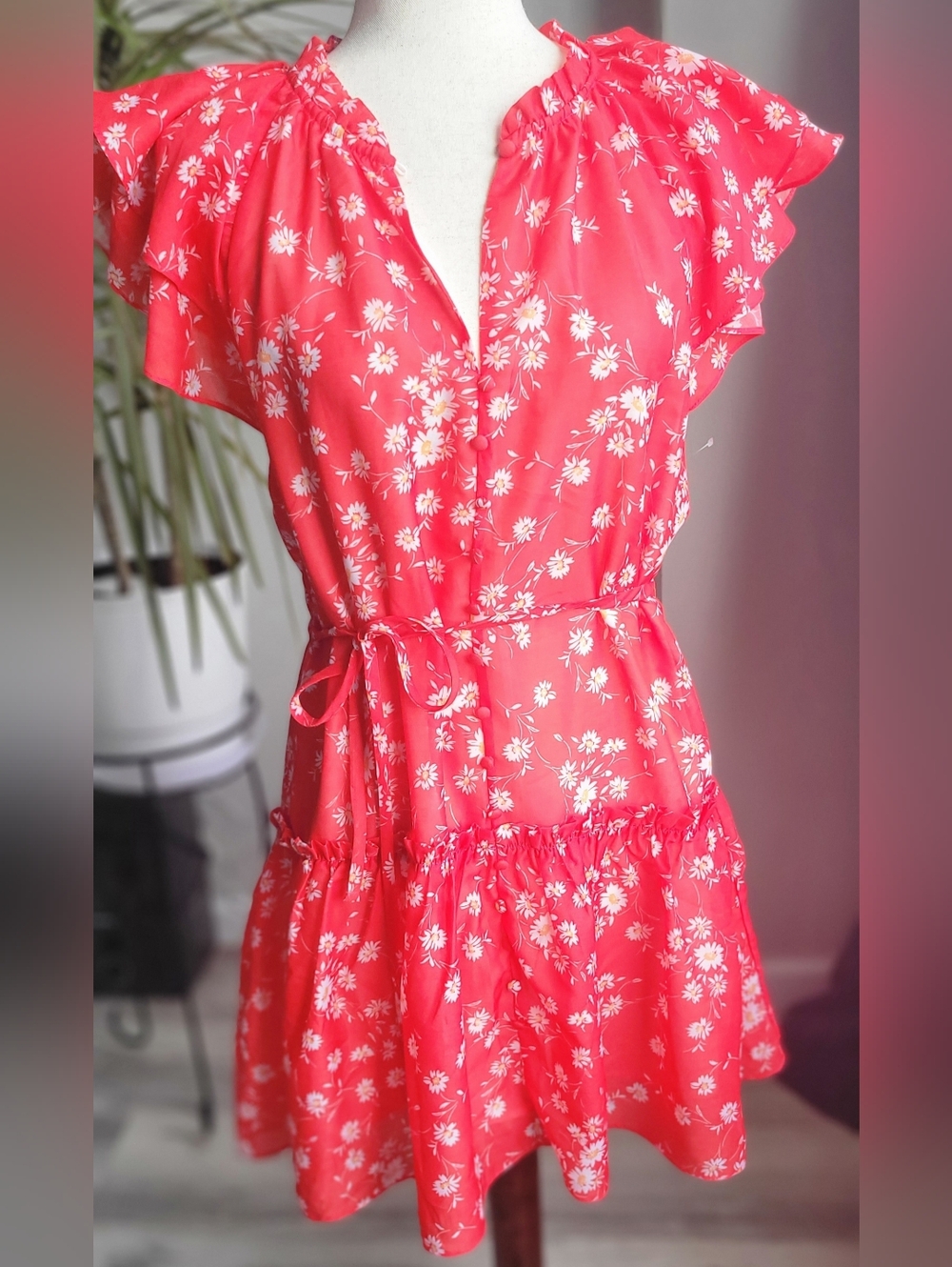 CeCe Pink Coral Daisy Floral Dress NWOT Fully Lined Tie Waist